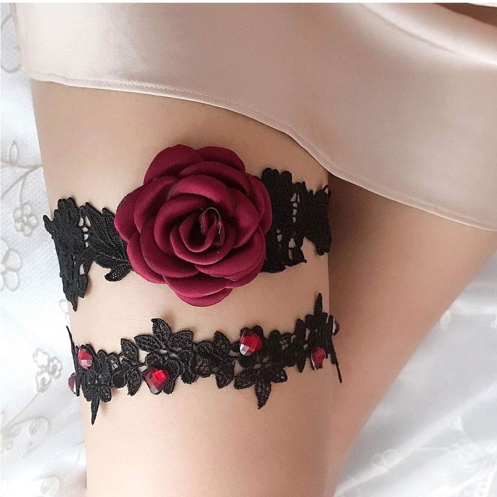 Elegant Black Lace Garter with Red Rose Accent